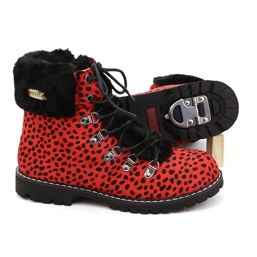 Hairy Leather Winter Boot with Cleats - Red or Khaki Leopard