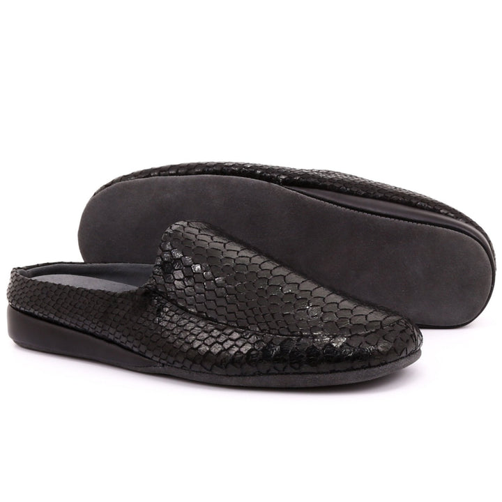 Austin Men's Slippers in Snake Print Microsuede with Suede Sole - Alfred Cloutier Ltd. - Canada
