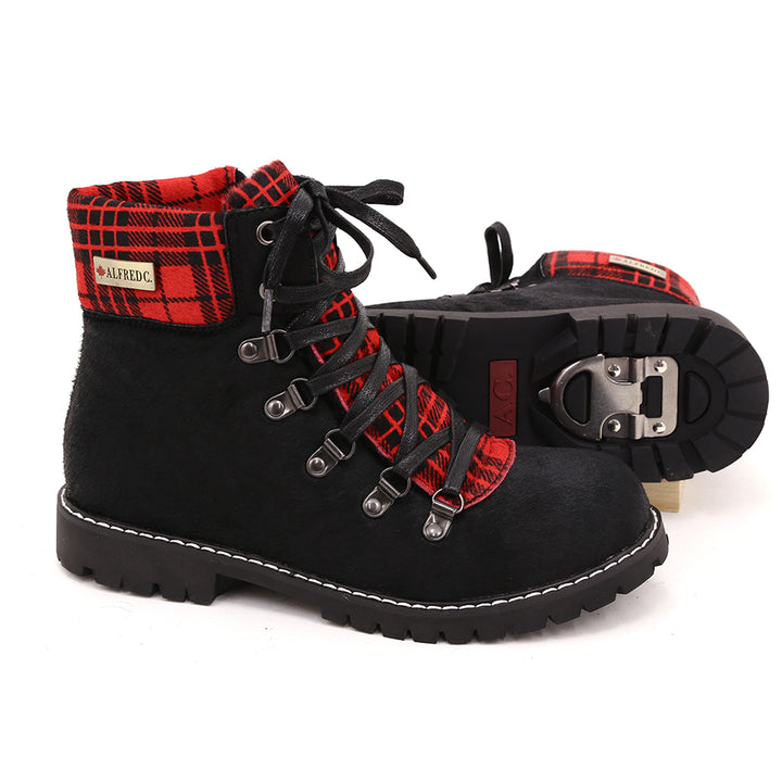 Aisha Women's Winter Boot in Black and Tartan Suede with Retractable Cleats